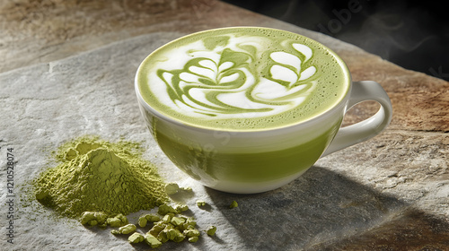 A cup of matcha latte with intricate foam art, set on a stone countertop with matcha powder nearby photo