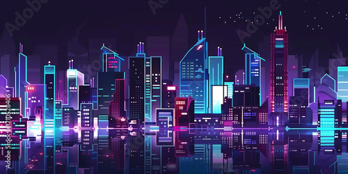 Pixel art retro wave. panorama of big city. wide banner. Space for text. neon cyberpunk digital 8 16 32 64 bit painting. poster, flyer, banner, email, header, social media post. Generative Ai content	 photo