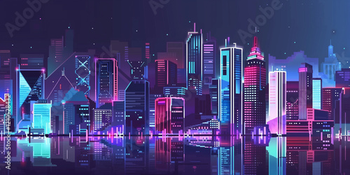 Pixel art retro wave. panorama of big city. wide banner. Space for text. neon cyberpunk digital 8 16 32 64 bit painting. poster, flyer, banner, email, header, social media post. Generative Ai content	 photo