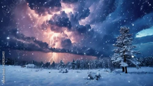 Clouds over Christmas tree in the snow