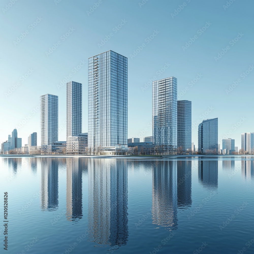 Fototapeta premium 3D rendering of modern city buildings on the water, with a clear blue sky background