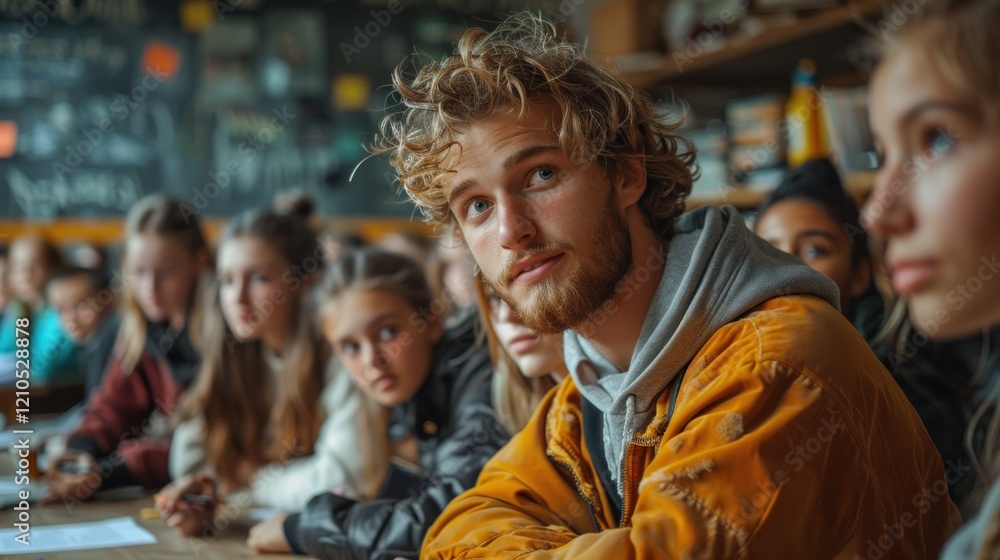 Selective focus of young teacher looking at camera near students in classroom. Selective focus of young teacher looking at camera near students in classroom.