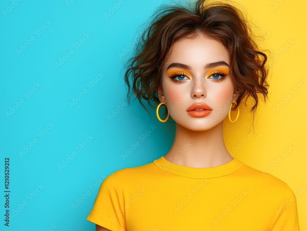 A vibrant portrait of a young woman with bold makeup and a stylish yellow outfit against a bright blue and yellow background, ideal for fashion magazines, beauty blogs, or marketing campaigns, A vibrant portrait of a young woman with bold makeup and a stylish yellow outfit against a bright blue and yellow background, ideal for fashion magazines, beauty blogs, or marketing campaigns,