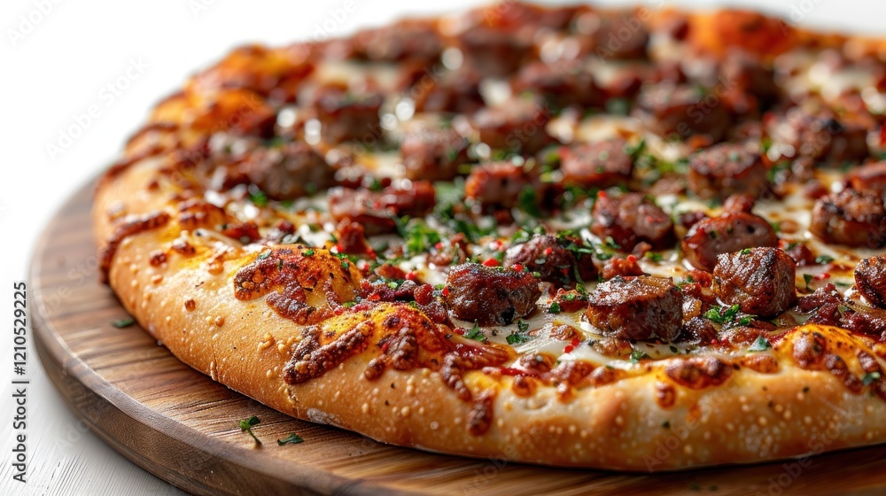 Pizza with sausages and herbs on a wooden board Pizza with sausages and herbs on a wooden board