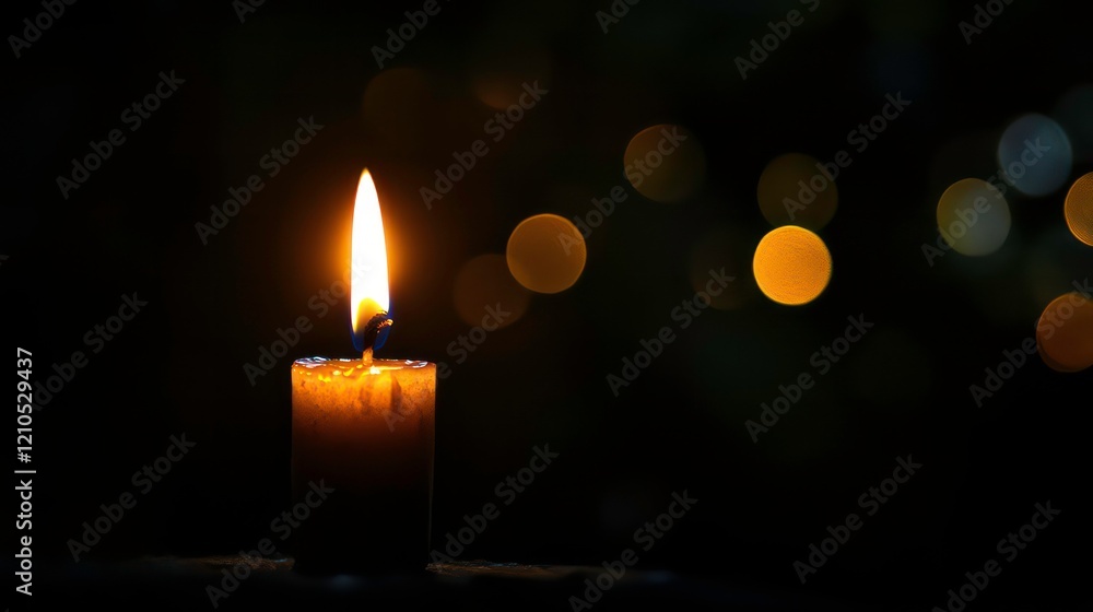 Single lit candle flame in dark with bokeh background. Single lit candle flame in dark with bokeh background.