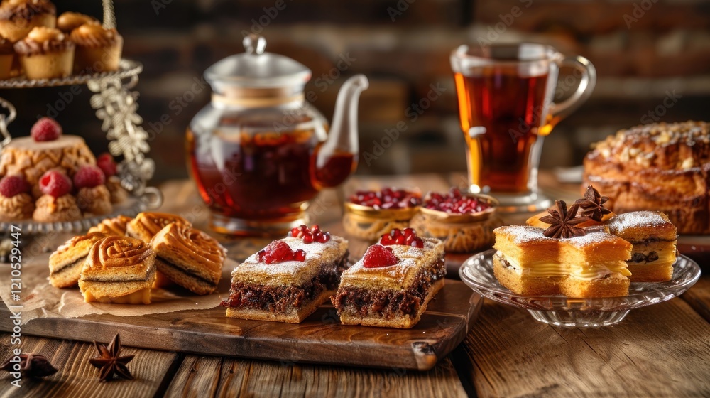 Fototapeta premium Cakes with berry jam and a cup of tea on wooden background