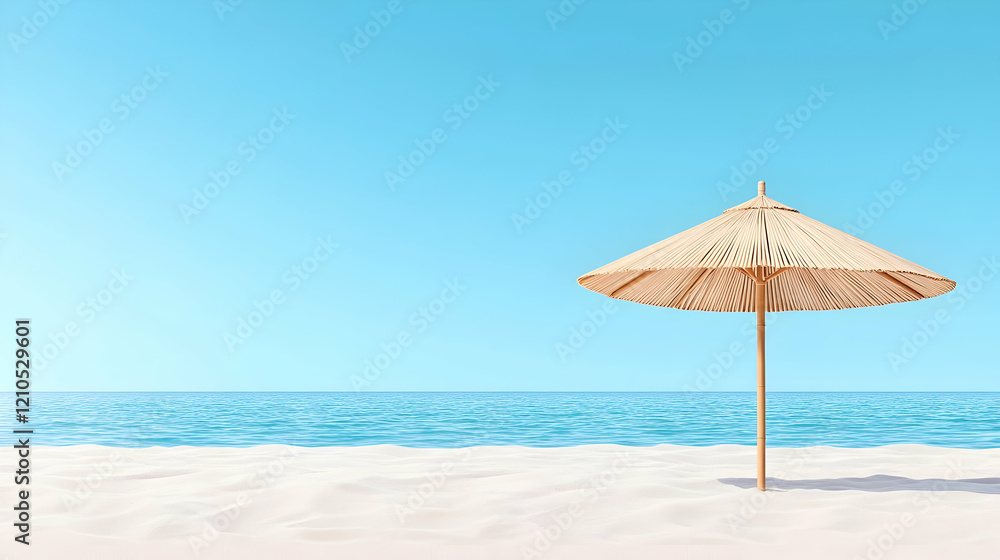 Beach umbrella on sandy shore, clear sky; summer vacation travel banner Beach umbrella on sandy shore, clear sky; summer vacation travel banner