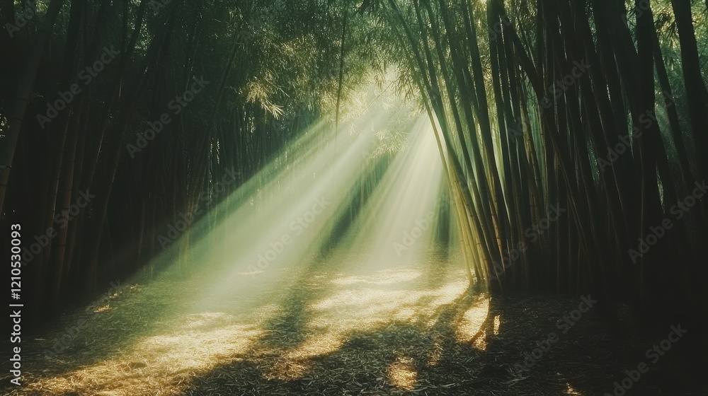 Naklejka premium Sunbeams Through Bamboo Forest: A Serene Nature Escape