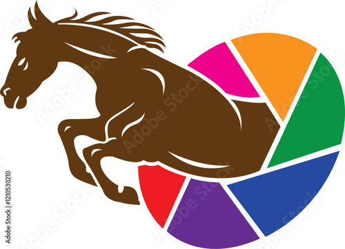 Standing horse with speedometer indicator behind horse icon with camera symbol logo design