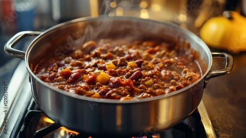 Simmering hearty stew with fresh vegetables on a stove over gentle flame