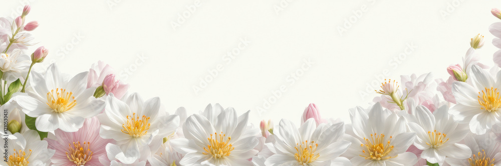 Spring flowers along the border frame an area of pristine white space. A banner with space for the text. Spring flowers along the border frame an area of pristine white space. A banner with space for the text.