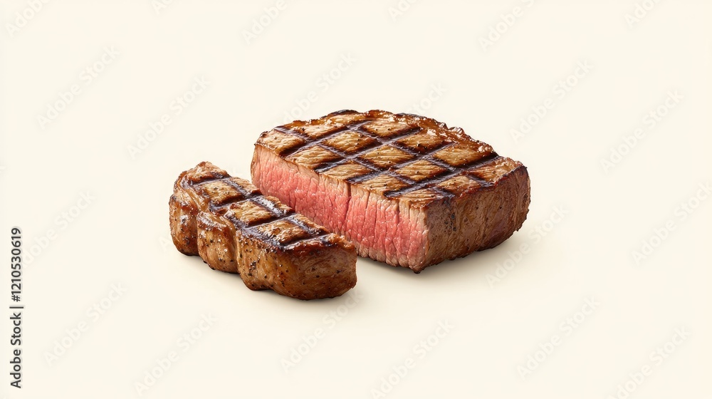 A high-resolution image of a medium-rare steak with grill marks, sliced open to reveal the tender, juicy interior, set against a simple, elegant background. A high-resolution image of a medium-rare steak with grill marks, sliced open to reveal the tender, juicy interior, set against a simple, elegant background.