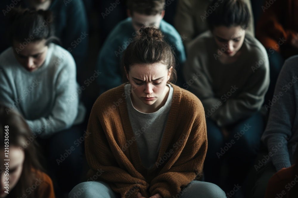 Fototapeta premium Feeling overwhelmed by the weight of approval while surrounded by peers in a tense moment of self-reflection and anxiety