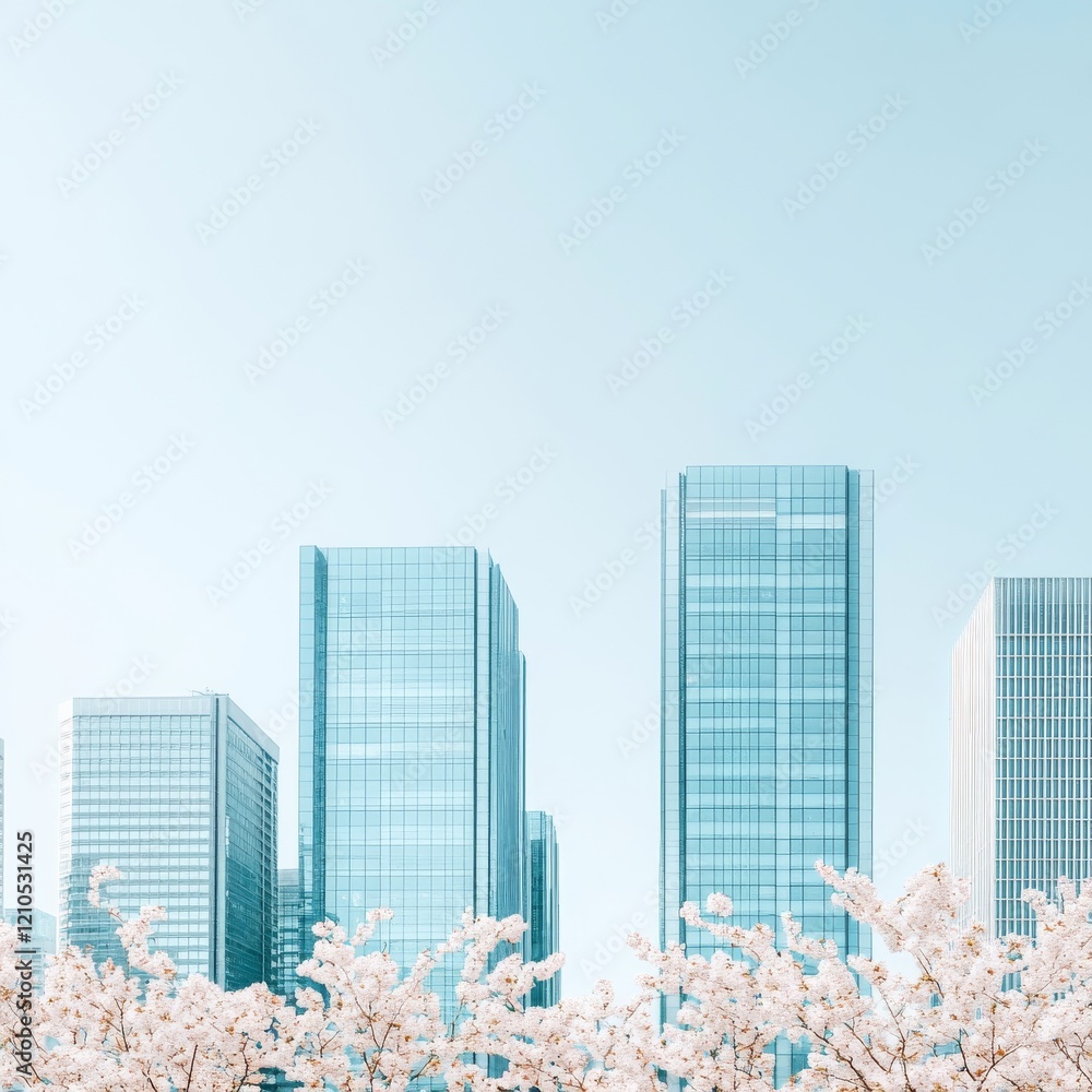 Obraz premium A clean, modern business cityscape with tall glass buildings, soft blue tones, professional atmosphere, under a bright clear sky, minimalistic and trustworthy vibe 