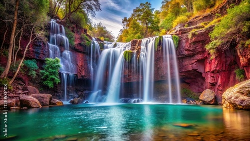 A stunning waterfall cascading down a rocky cliff into maroon waters creating a serene and peaceful atmosphere, water, natural wonder