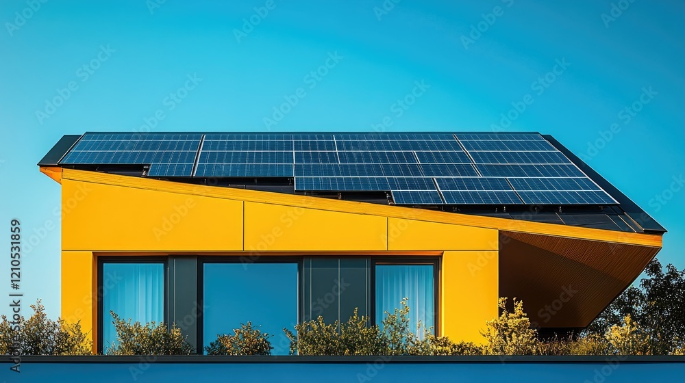 Fototapeta premium Sustainable Home: Solar Panels on Yellow House