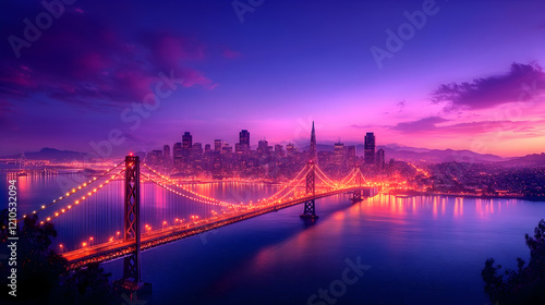 Cityscape sunrise over bridge and bay, urban skyline,  vibrant colors, ideal for travel brochures