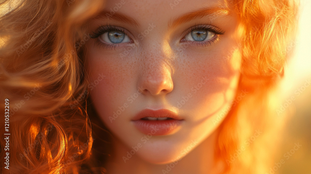 Close-up of an insanely beautiful girl with flawless porcelain skin, piercing blue eyes, and soft golden curls cascading over her shoulders, against a soft, blurred sunset backgrou Close-up of an insanely beautiful girl with flawless porcelain skin, piercing blue eyes, and soft golden curls cascading over her shoulders, against a soft, blurred sunset backgrou