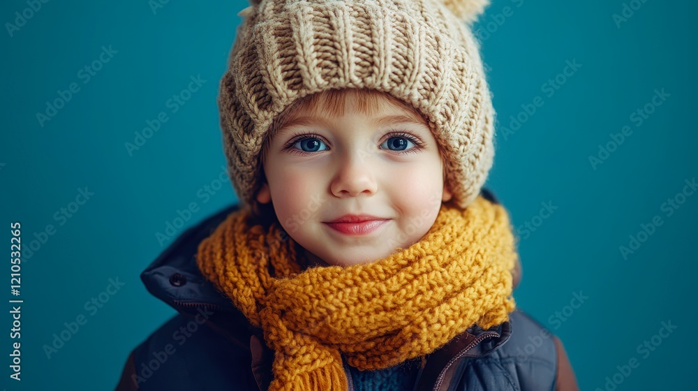 A charming child wearing a knitted hat and a bright yellow scarf, set against a vibrant blue background, This image is perfect for winter-themed marketing, children's clothing A charming child wearing a knitted hat and a bright yellow scarf, set against a vibrant blue background, This image is perfect for winter-themed marketing, children's clothing