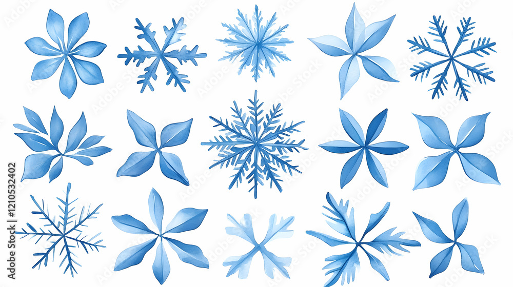 Collection of blue snowflake and ice crystal designs for winter holiday decoration Collection of blue snowflake and ice crystal designs for winter holiday decoration
