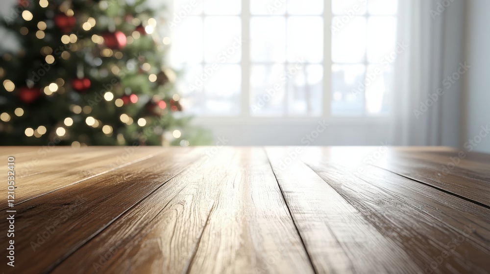 a wooden table with a christmas tree in the background a wooden table with a christmas tree in the background