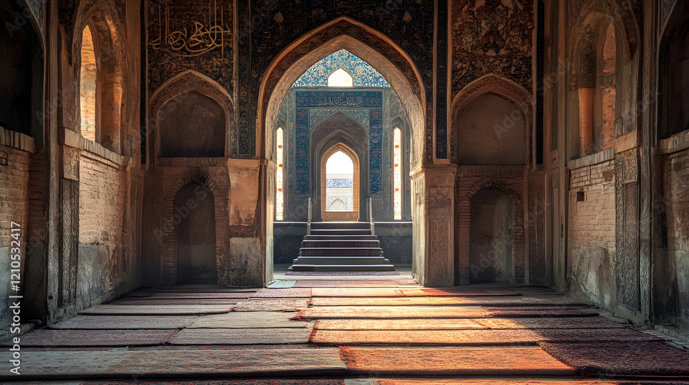 Obraz premium Historic mosque interior with traditional arches and beams exuding a timeless spirituality and sacred beauty : Generative AI