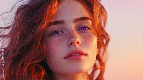 Close-up of a captivating girl with wavy auburn hair, vivid violet eyes, and a soft smile, against a dreamy pastel-colored sky.