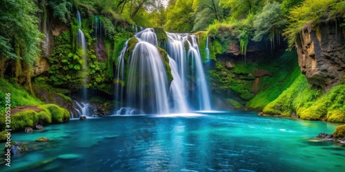 A teal-colored waterfall cascades down a moss-covered cliffside, surrounded by lush greenery, moss covered rocks, waterfall effect