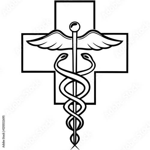 Medical symbol, caduceus, cross, black and white, line drawing, simple design, healthcare icon.