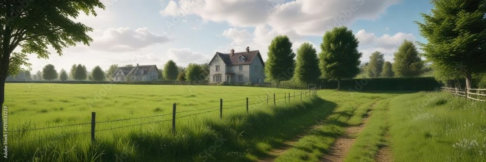 A tranquil landscape of a green field with trees and a fence line surrounding a house in the distance, calm atmosphere, green field A tranquil landscape of a green field with trees and a fence line surrounding a house in the distance, calm atmosphere, green field