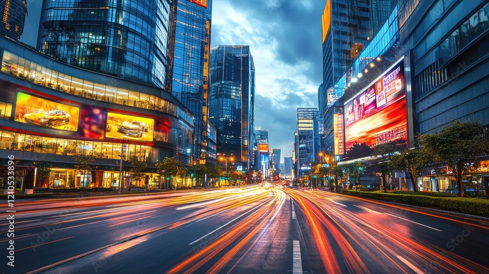 Fototapeta premium A modern city street with high-rise buildings and illuminated billboards, capturing the contrast between the bright lights and the dark sky.