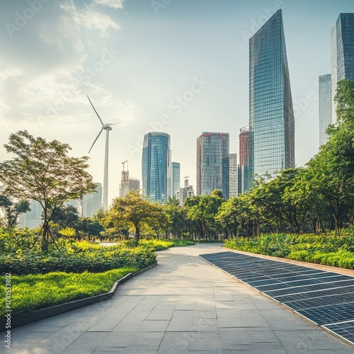 Wallpaper Mural A clean, modern image of a modern city skyline powered by renewable energy sources like wind turbines and solar panels integrated into the urban environment Torontodigital.ca