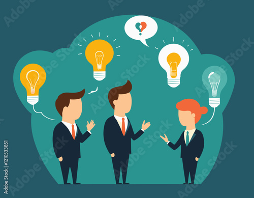 Effective communication, meeting discussion or conversation solution, speak or telling intelligence information, team opinion new idea concept, business people discuss with lightbulb speech bubble.