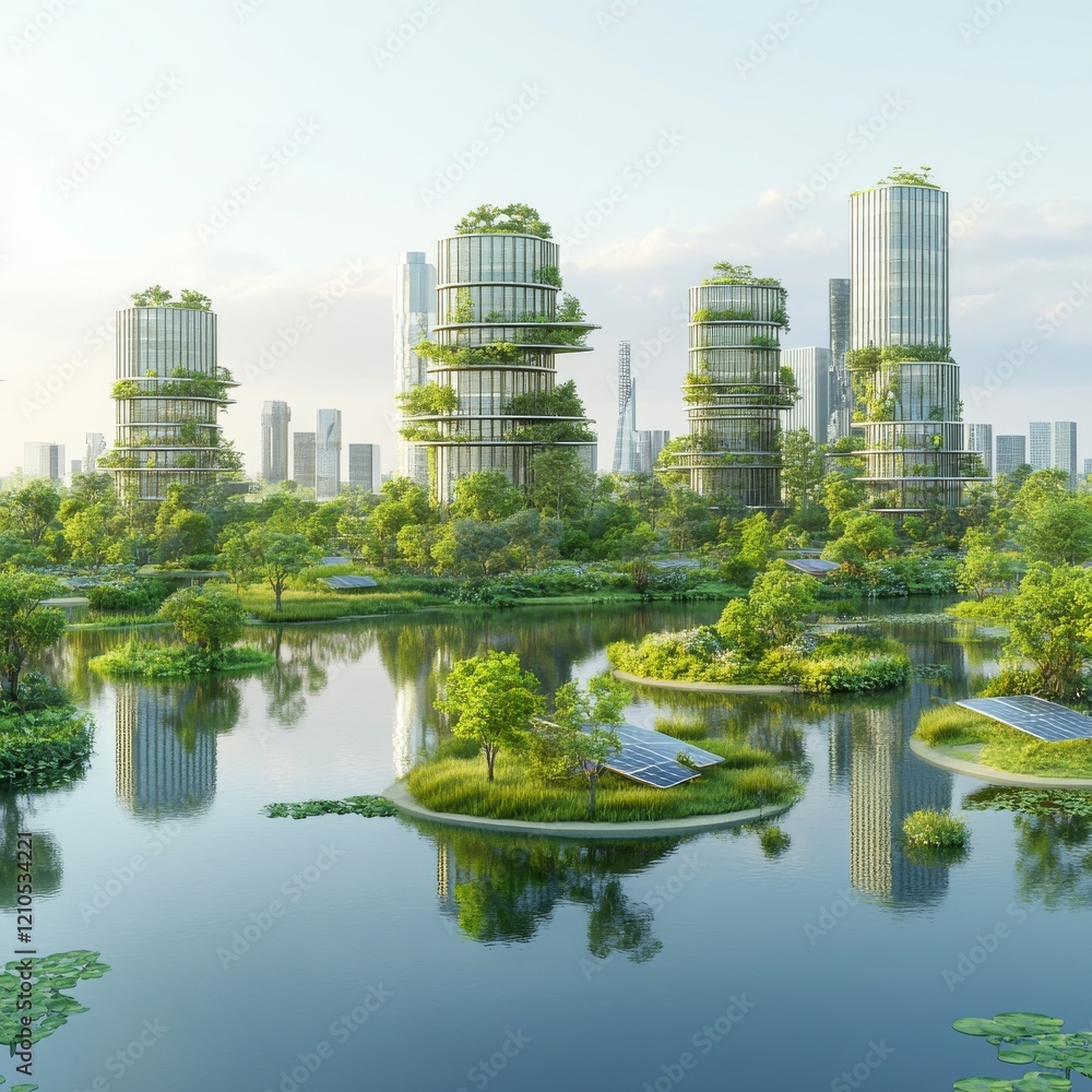 Naklejka premium 3D rendering of a green city with modern buildings and a lake in daylight, against a light blue sky and a white background