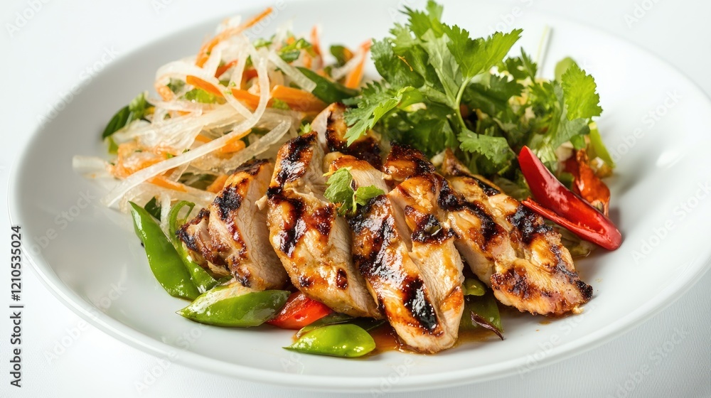 A plate of grilled chicken with a side of Som Tum, presented elegantly on a clean white background, showcasing the vibrant colors and appetizing presentation of the dish. A plate of grilled chicken with a side of Som Tum, presented elegantly on a clean white background, showcasing the vibrant colors and appetizing presentation of the dish.