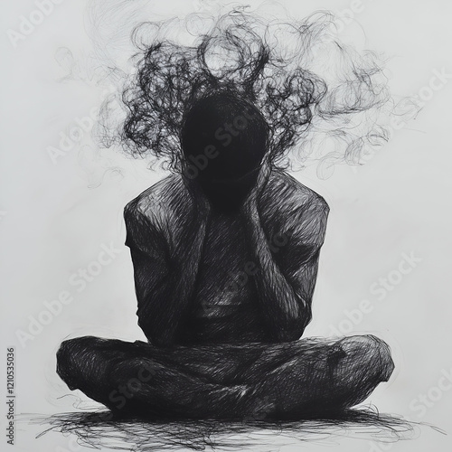 A silhouette of a man siting in stress, his thoughts making a cluster showing anger. 