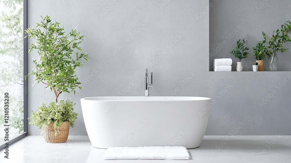Fototapeta premium Modern white freestanding bathtub in a minimalist grey bathroom with green potted plants and natural light.