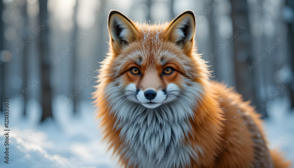 Naklejka premium Red fox in snowy forest, winter scene.