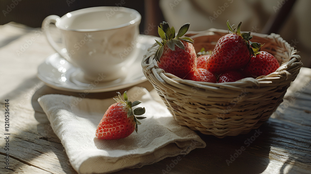 Fresh strawberries in a wicker basket, beside a teacup on a rustic wooden table. Sunlight streams in. Fresh strawberries in a wicker basket, beside a teacup on a rustic wooden table. Sunlight streams in.