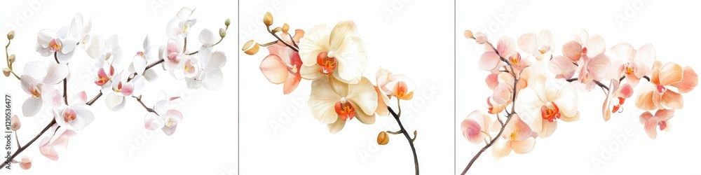 Fototapeta premium Collection of Exquisite Phalaenopsis Orchids on a Pristine White Backdrop