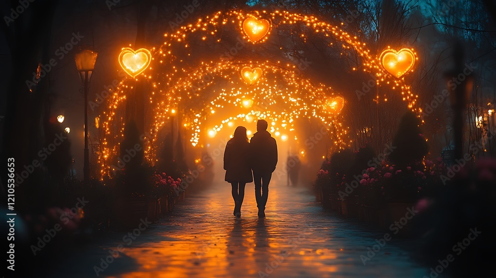 Couple walking under romantic night lights. Couple walking under romantic night lights.