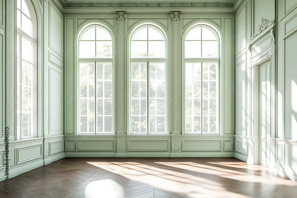 Fototapeta premium Parisian Elegance A Luxurious Mint Green Room with Sunlit Grace