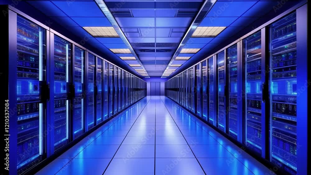 Immerse yourself in the serene beauty of a modern data center illuminated by soothing blue lights as rows of servers are meticulously arranged for optimal performance during late-night operations Immerse yourself in the serene beauty of a modern data center illuminated by soothing blue lights as rows of servers are meticulously arranged for optimal performance during late-night operations
