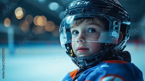 A young hockey player in gear gazes thoughtfully, capturing the essence of youth sports and determination, This image can be used for promotional materials, sports articles, or educational content, photo