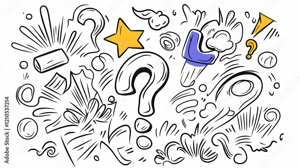 Doodle question marks, stars, and bursts; brainstorming ideas background; creative concept illustration Doodle question marks, stars, and bursts; brainstorming ideas background; creative concept illustration