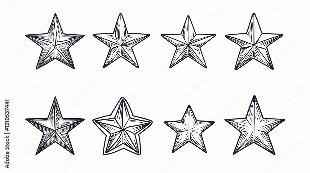 Eight hand-drawn star illustrations; various styles; white background; graphic design elements Eight hand-drawn star illustrations; various styles; white background; graphic design elements