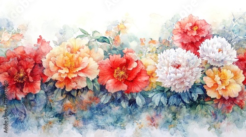 Wallpaper Mural Watercolor painting of vibrant red, orange, and white peonies in full bloom. Torontodigital.ca
