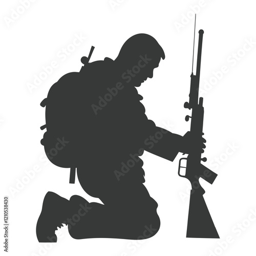 Silhouette of a soldier kneeling with a rifle, backpack, and tactical gear, black and white military vector illustration  
