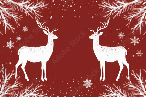 White Deer silhouettes with snowflakes on a Red Background, Simple vector Illustrations, Simple Shapes, Graphic Design Style, Simple white snowflakes and branches in the corners of the page.