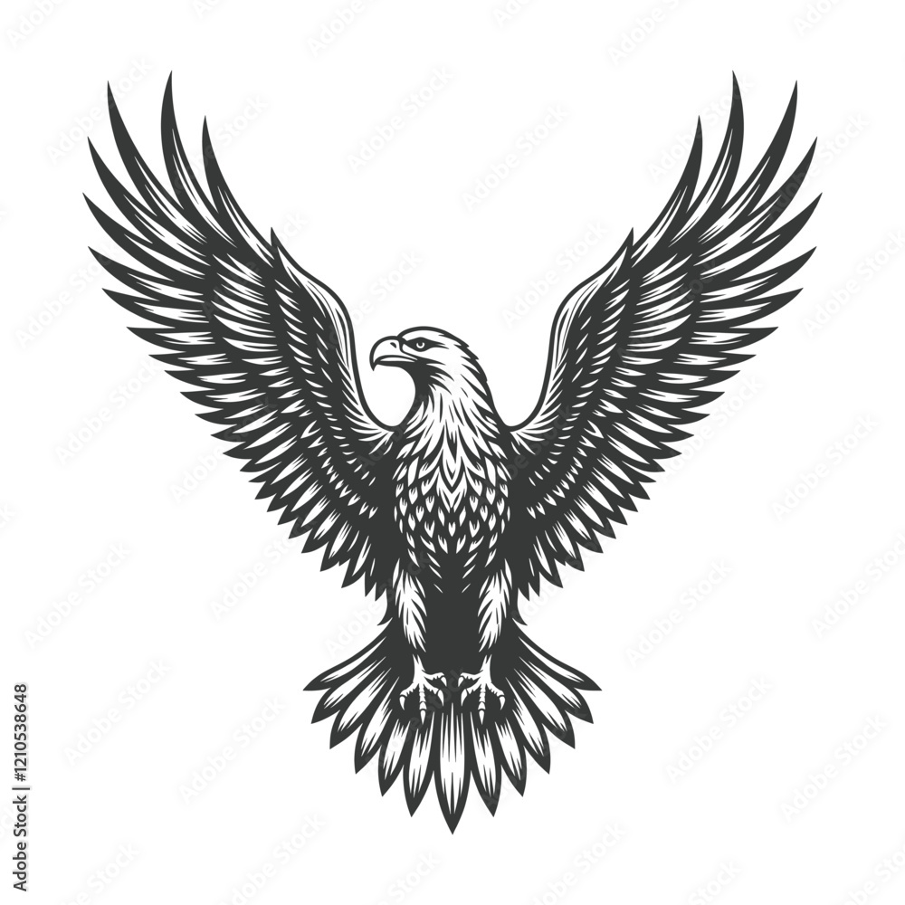 Fototapeta premium Monochrome illustration of an eagle with outstretched wings, detailed black and white vector art, majestic bird of prey, wildlife emblem 